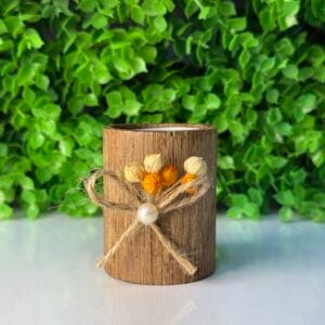 Turuncu Tomurcuk Çiçek Süslemeli Koyu Ahşap Kütük Mumluk